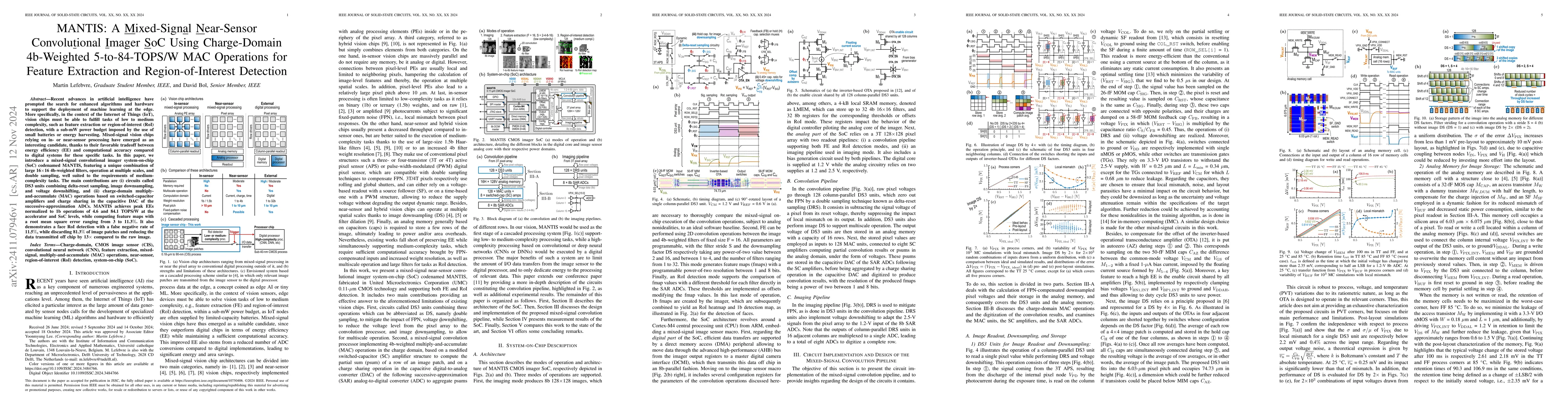 Thumbnail for MANTIS: A Mixed-Signal Near-Sensor Convolutional Imager SoC Using
  Charge-Domain 4b-Weighted 5-to-84-TOPS/W MAC Operations for Feature
  Extraction and Region-of-Interest Detection
