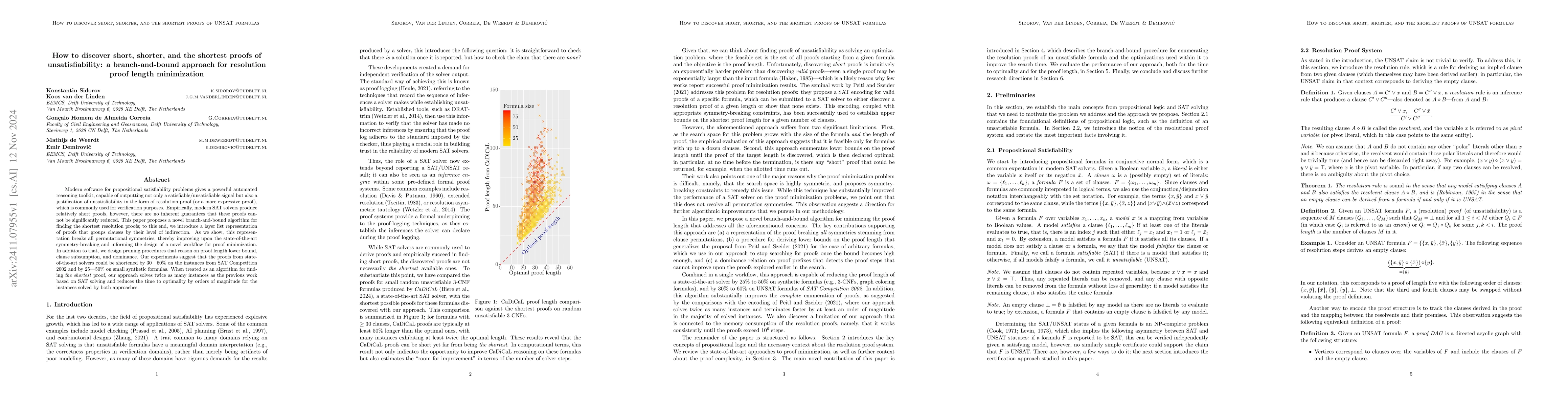 Thumbnail for How To Discover Short, Shorter, and the Shortest Proofs of
  Unsatisfiability: A Branch-and-Bound Approach for Resolution Proof Length
  Minimization