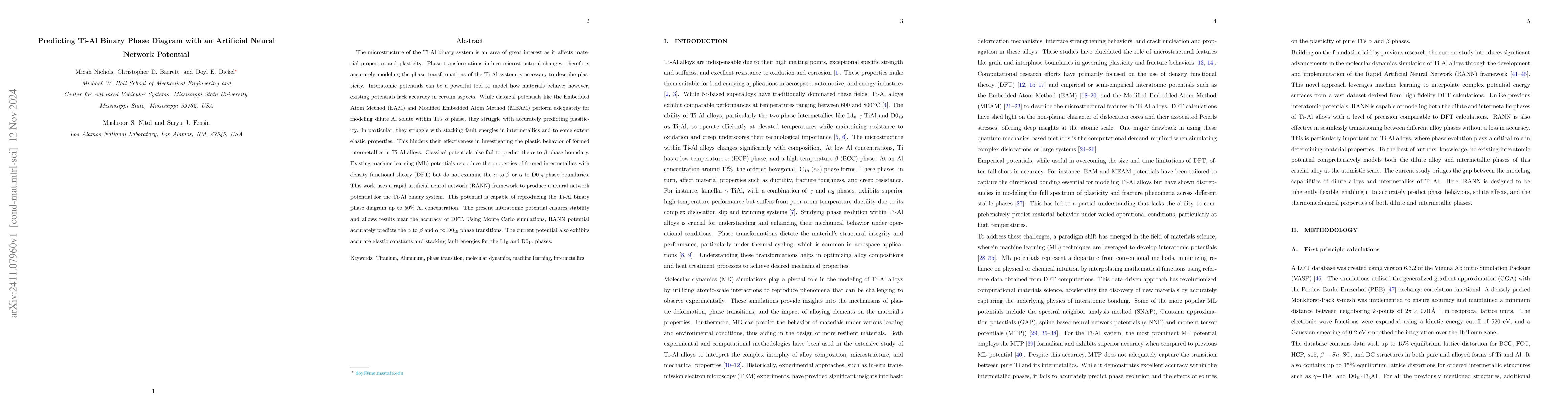 Thumbnail for Predicting Ti-Al Binary Phase Diagram with an Artificial Neural Network
  Potential