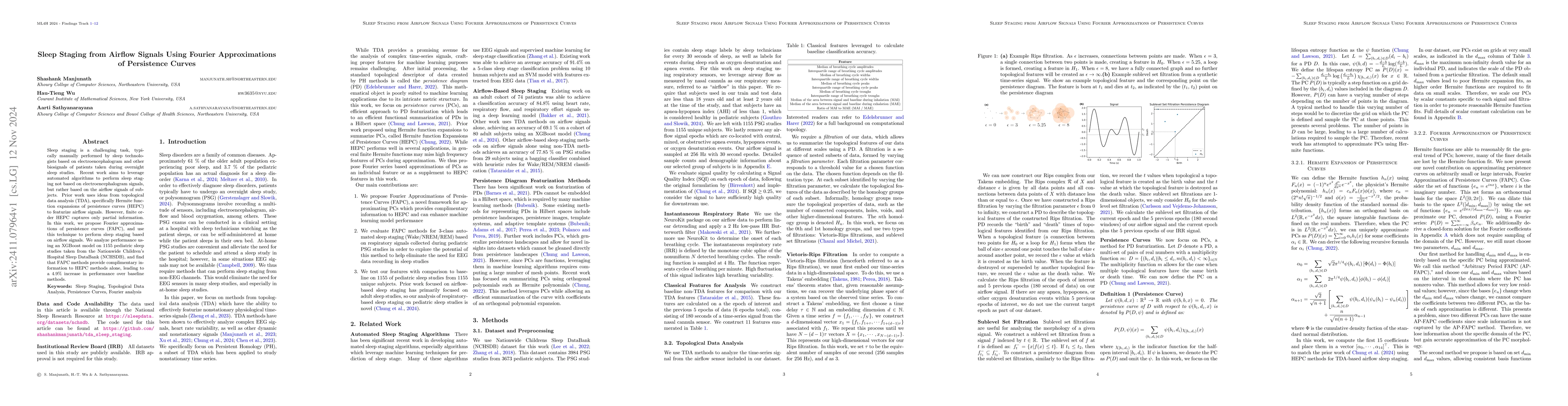 Thumbnail for Sleep Staging from Airflow Signals Using Fourier Approximations of
  Persistence Curves