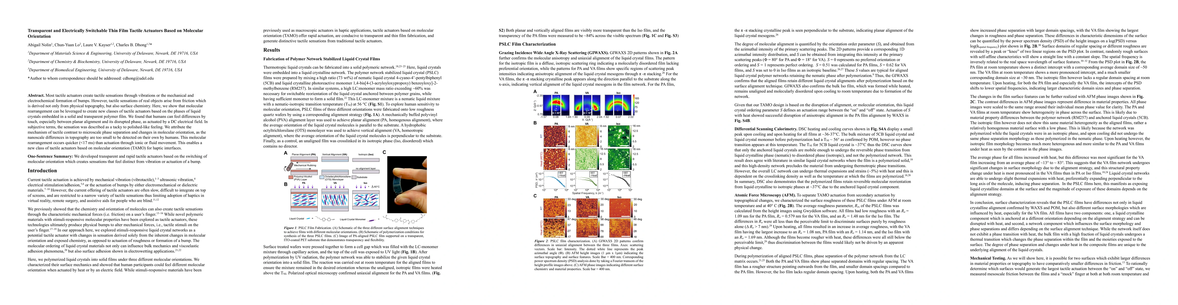 Thumbnail for Transparent and Electrically Switchable Thin Film Tactile Actuators
  Based on Molecular Orientation