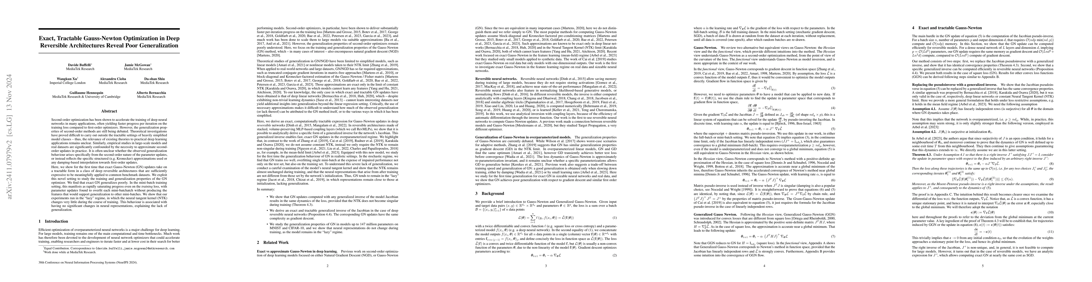Thumbnail for Exact, Tractable Gauss-Newton Optimization in Deep Reversible
  Architectures Reveal Poor Generalization