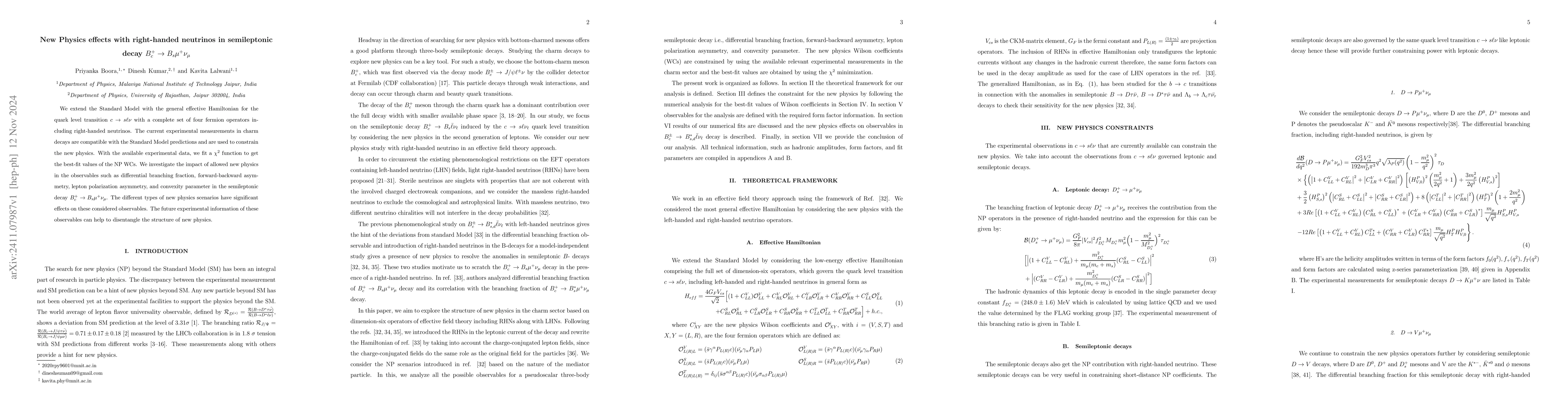 Thumbnail for New Physics effects with right-handed neutrinos in semileptonic decay
  $B_c^+ \to B_s μ^+ ν_μ$