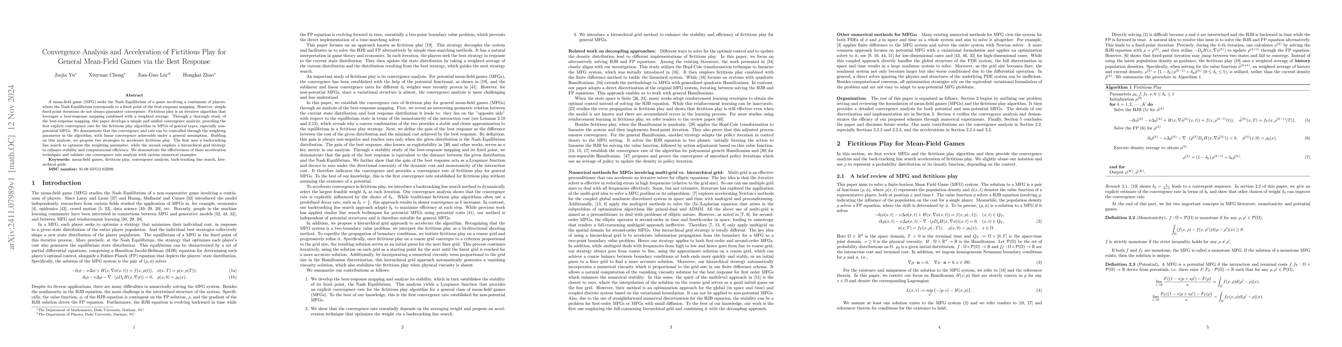 Thumbnail for Convergence Analysis and Acceleration of Fictitious Play for General
  Mean-Field Games via the Best Response
