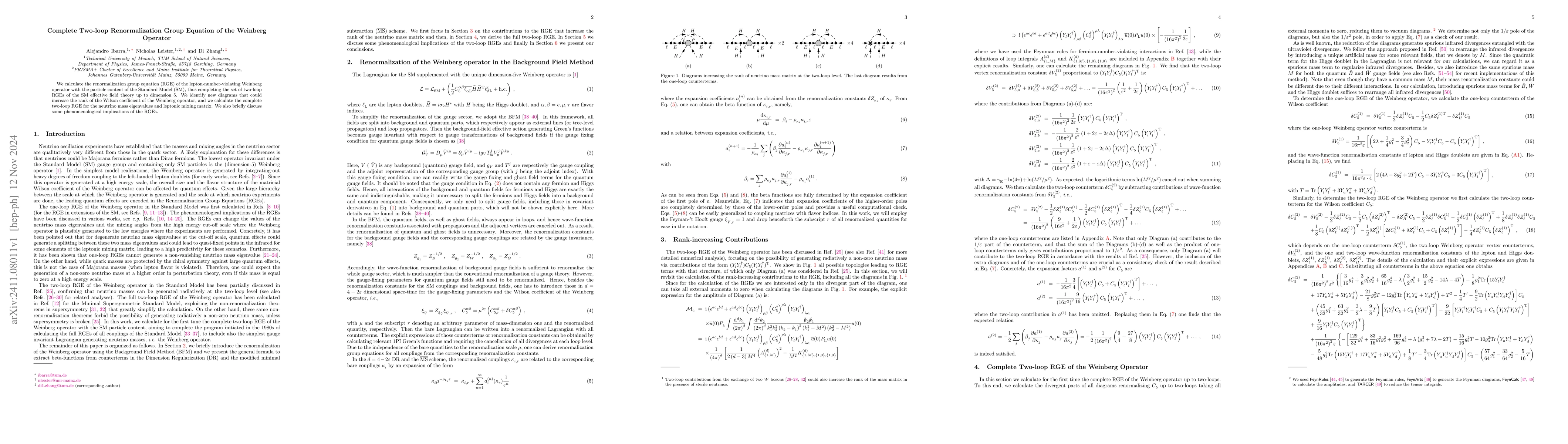 Thumbnail for Complete Two-loop Renormalization Group Equation of the Weinberg
  Operator
