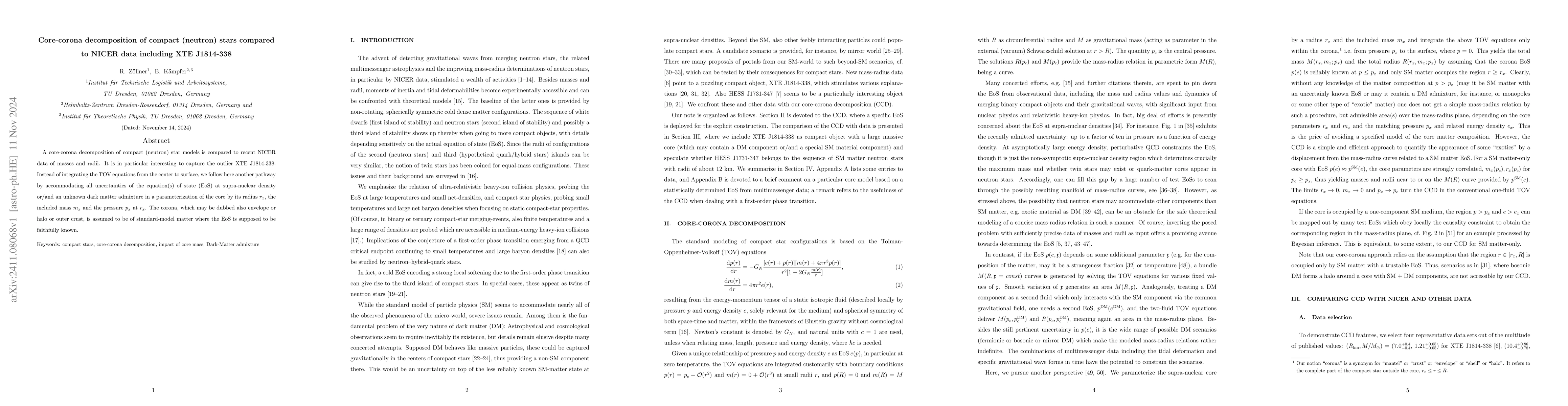 Thumbnail for Core-corona decomposition of compact (neutron) stars compared to NICER
  data including XTE J1814-338