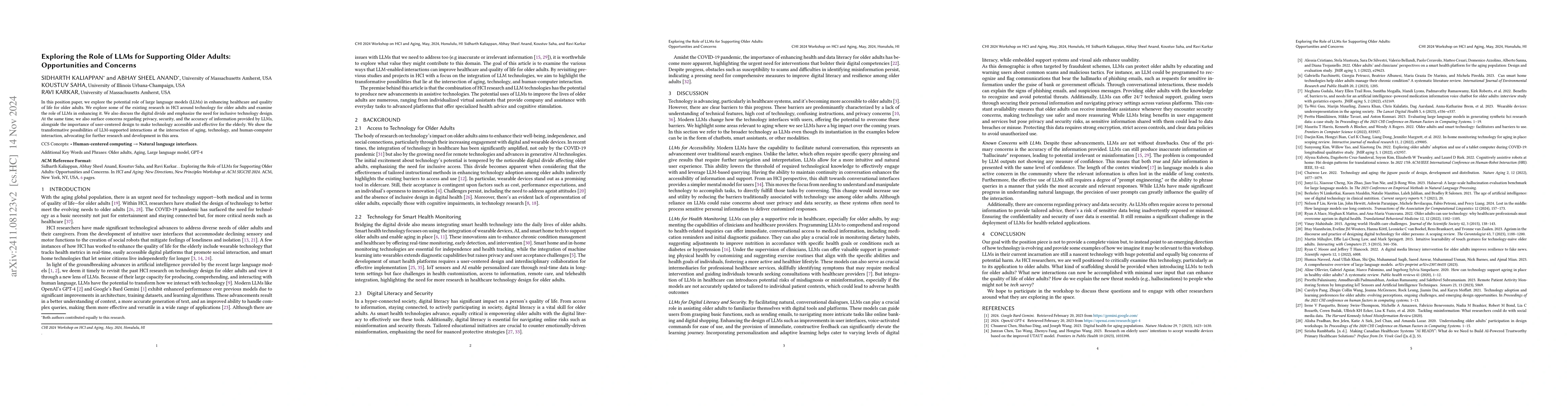 Thumbnail for Exploring the Role of LLMs for Supporting Older Adults: Opportunities
  and Concerns