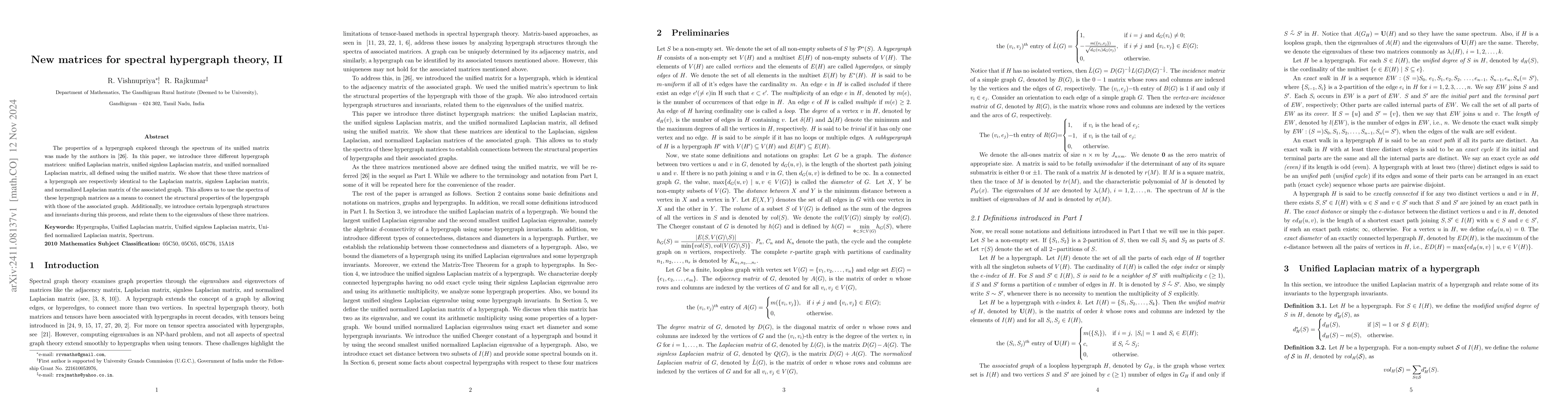 Thumbnail for New matrices for spectral hypergraph theory, II