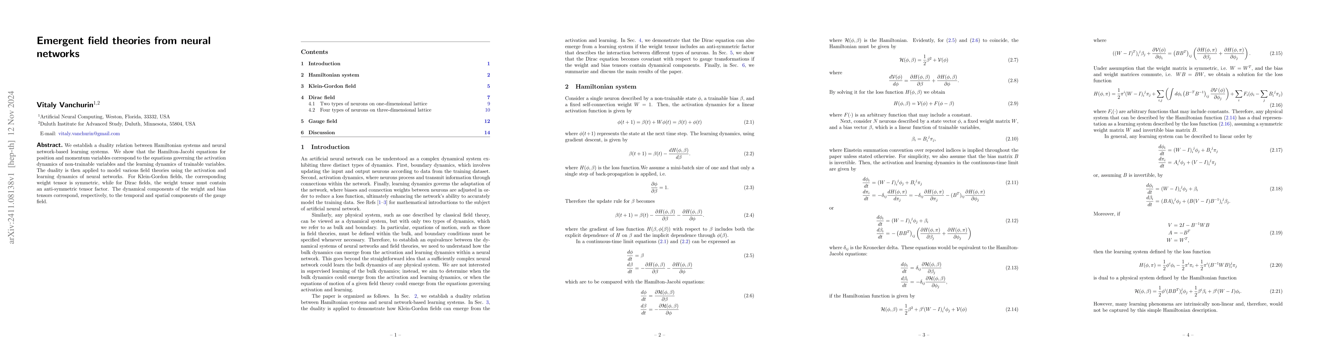 Thumbnail for Emergent field theories from neural networks