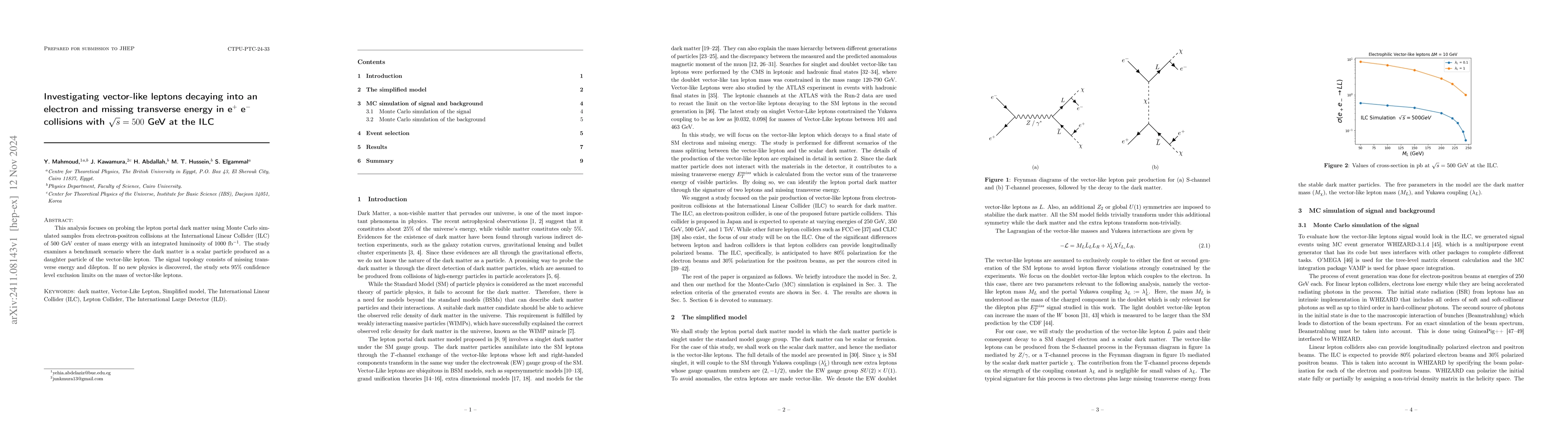 Thumbnail for Investigating vector-like leptons decaying into an electron and missing
  transverse energy in e$^{+}$ e$^{-}$ collisions with $\sqrt{s} = 500$ GeV at
  the ILC