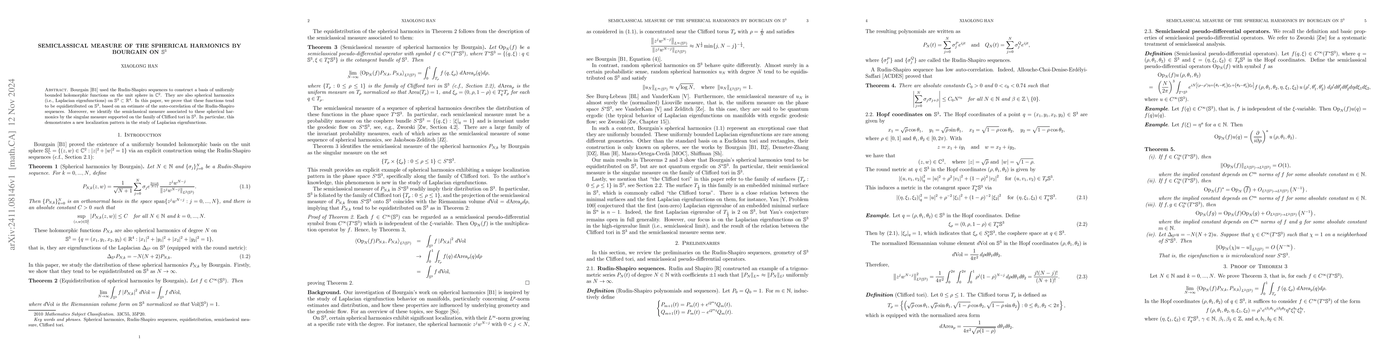Thumbnail for Semiclassical measure of the spherical harmonics by Bourgain on
  $\mathbb{S}^3$