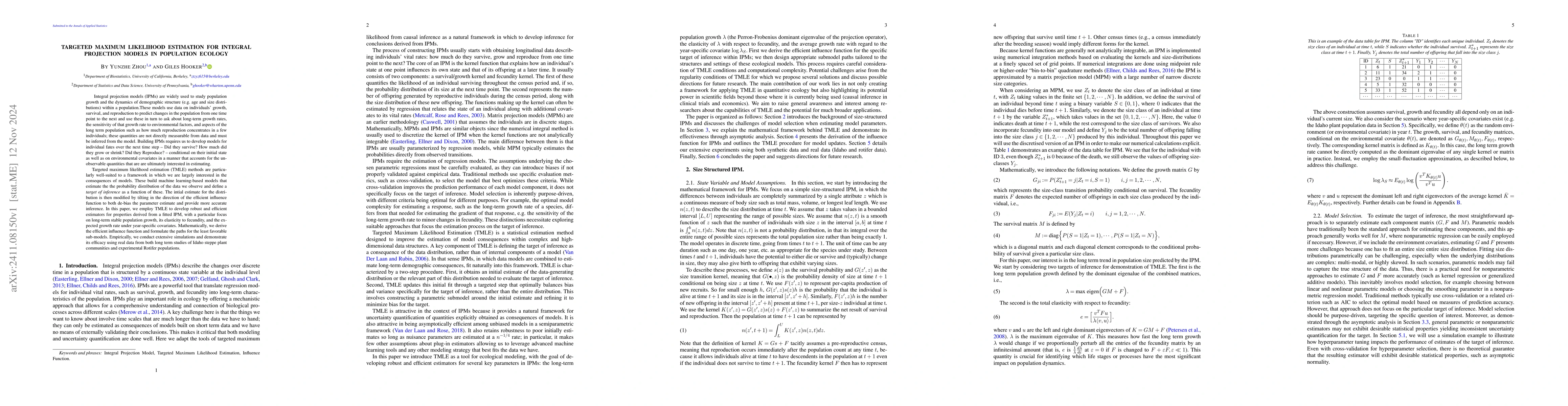 Thumbnail for Targeted Maximum Likelihood Estimation for Integral Projection Models in
  Population Ecology
