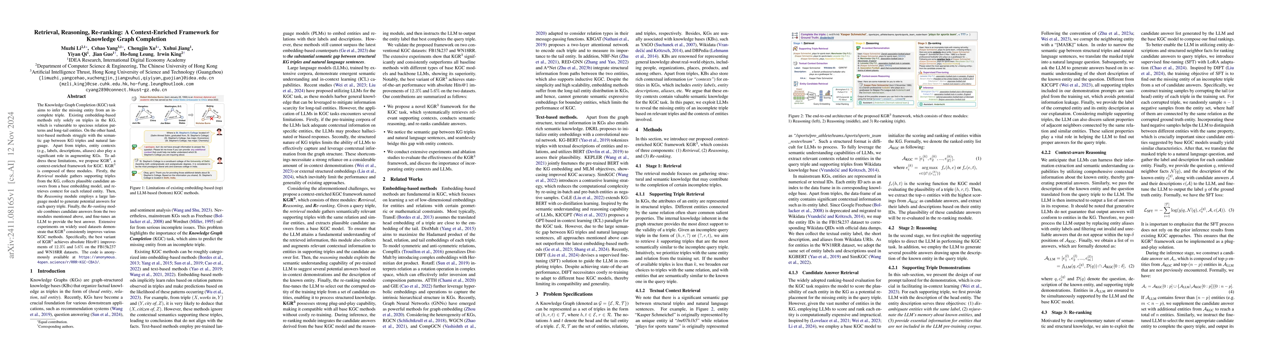 Thumbnail for Retrieval, Reasoning, Re-ranking: A Context-Enriched Framework for
  Knowledge Graph Completion