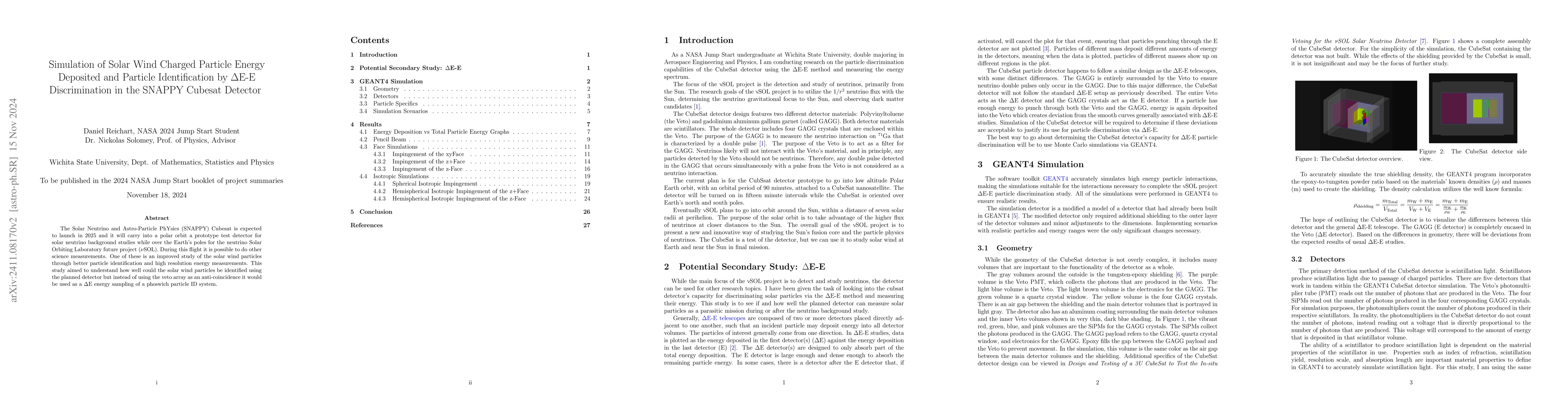 Thumbnail for Simulation of Solar Wind Charged Particle Energy Deposited and Particle
  Identification by $Δ$E-E Discrimination in the SNAPPY Cubesat Detector