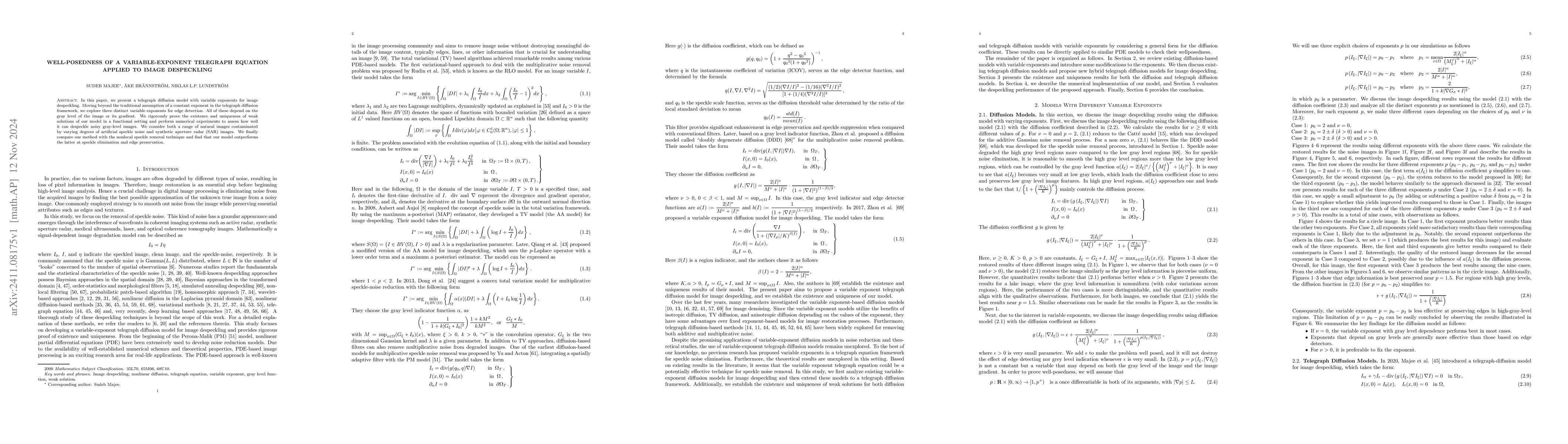 Thumbnail for Well-posedness of a Variable-Exponent Telegraph Equation Applied to
  Image Despeckling
