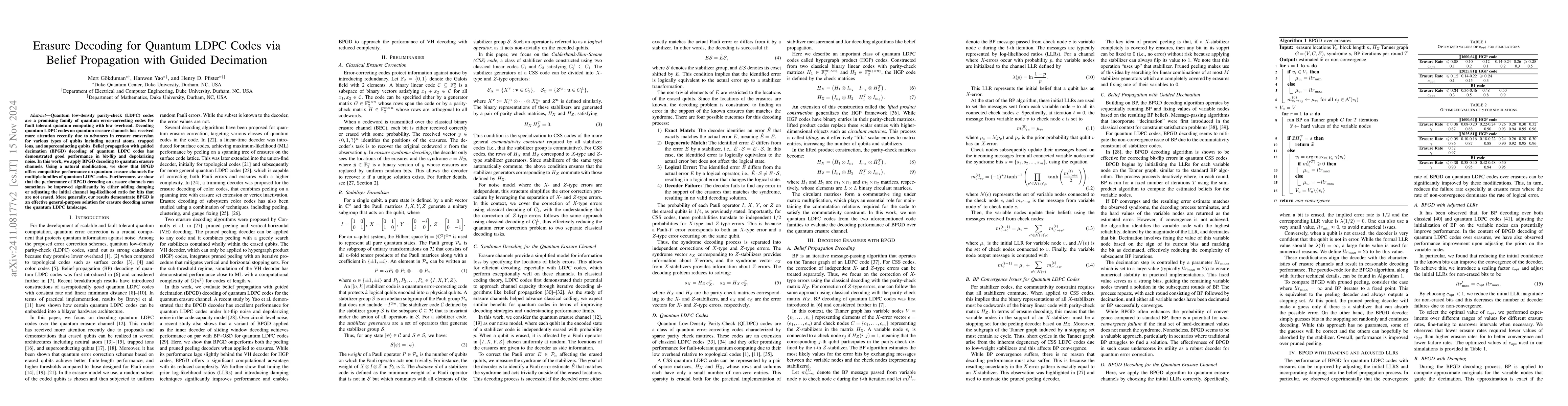 Thumbnail for Erasure Decoding for Quantum LDPC Codes via Belief Propagation with
  Guided Decimation