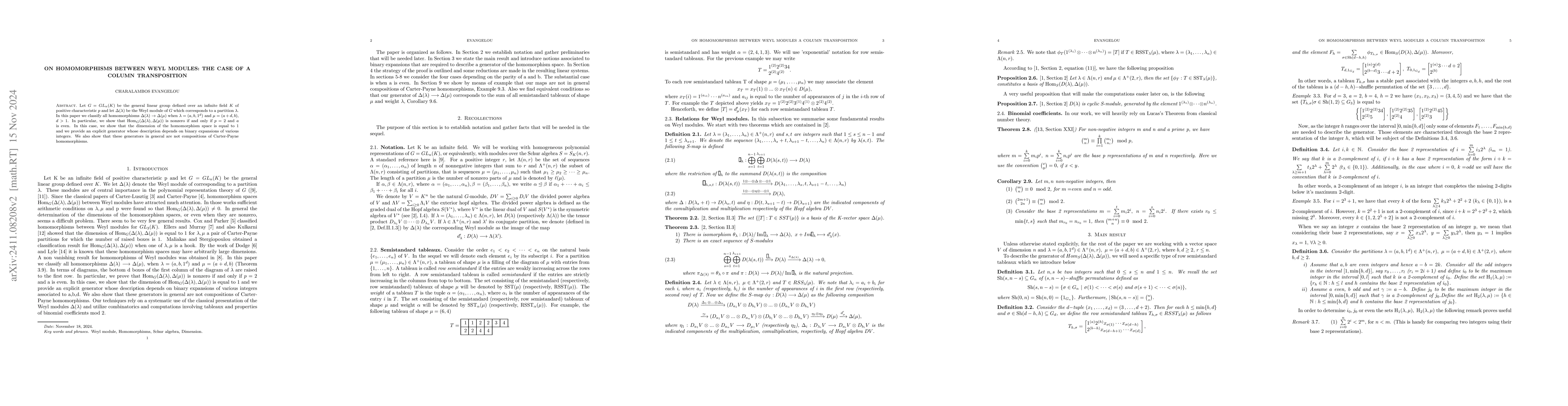 Thumbnail for On homomorphisms between Weyl modules: The case of a column
  transposition