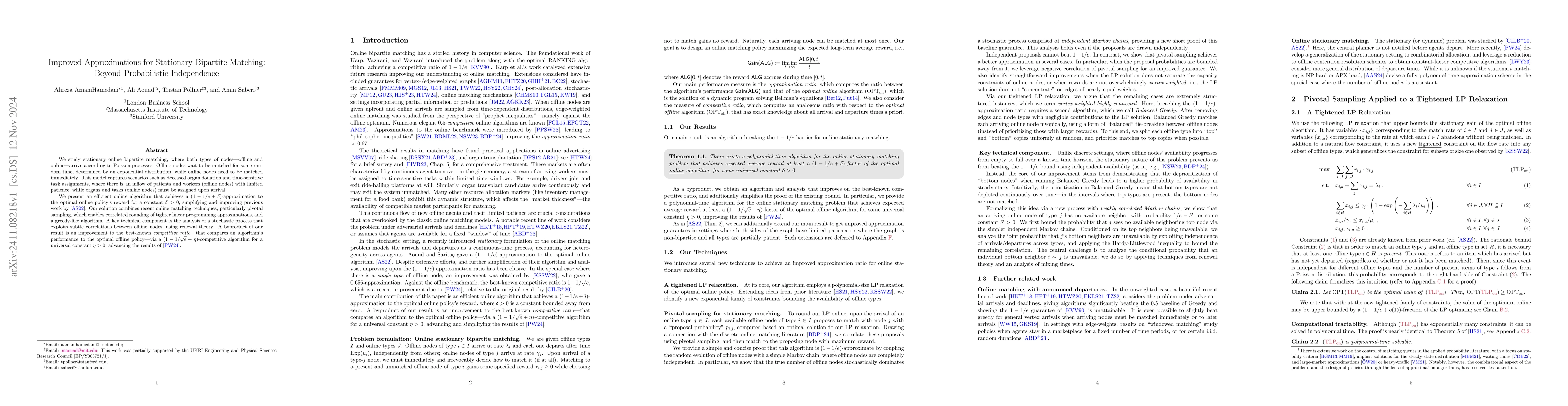 Thumbnail for Improved Approximations for Stationary Bipartite Matching: Beyond
  Probabilistic Independence