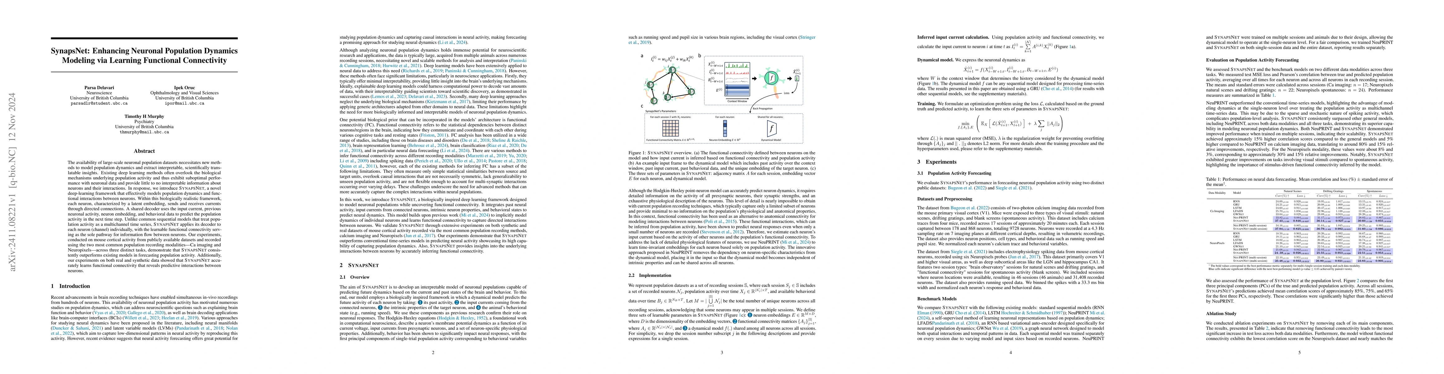 Thumbnail for SynapsNet: Enhancing Neuronal Population Dynamics Modeling via Learning
  Functional Connectivity