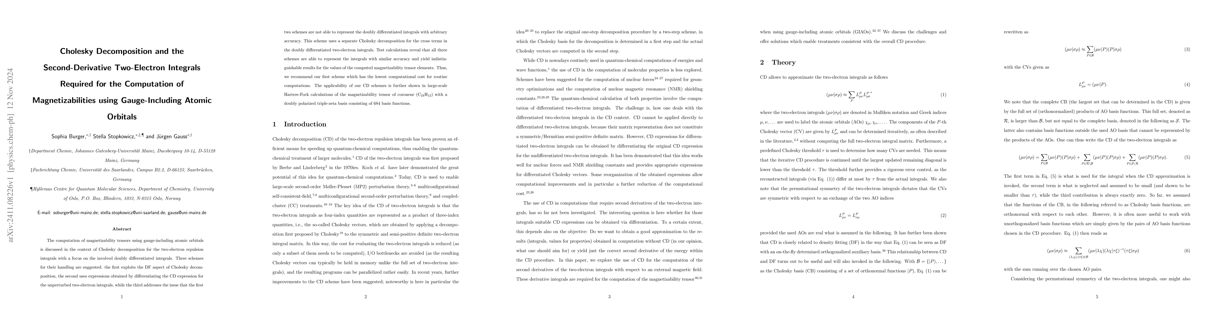 Thumbnail for Cholesky Decomposition and the Second-Derivative Two-Electron Integrals
  Required for the Computation of Magnetizabilities using Gauge-Including
  Atomic Orbitals