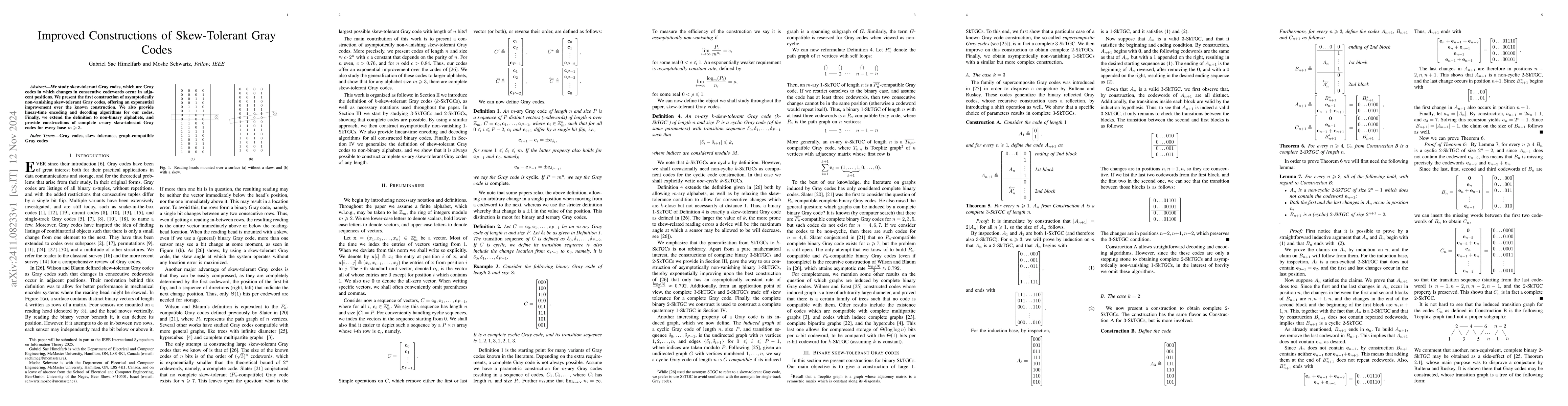 Thumbnail for Improved Constructions of Skew-Tolerant Gray Codes