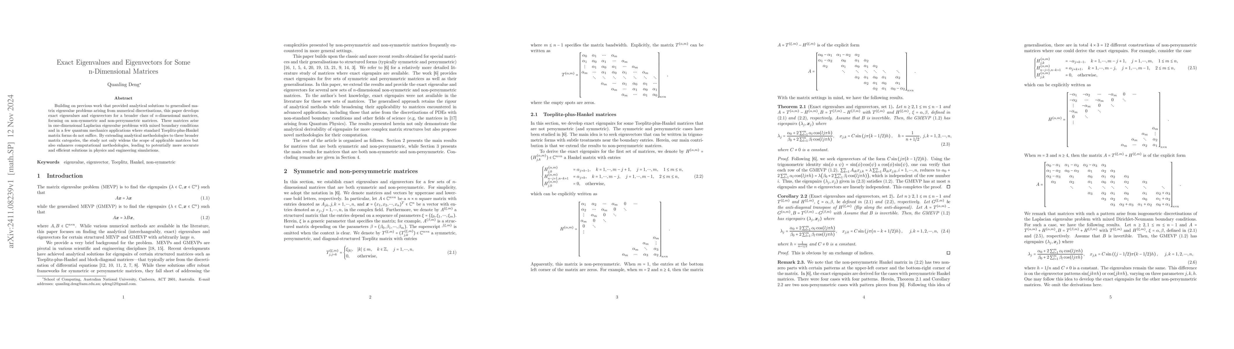 Thumbnail for Exact Eigenvalues and Eigenvectors for Some n-Dimensional Matrices