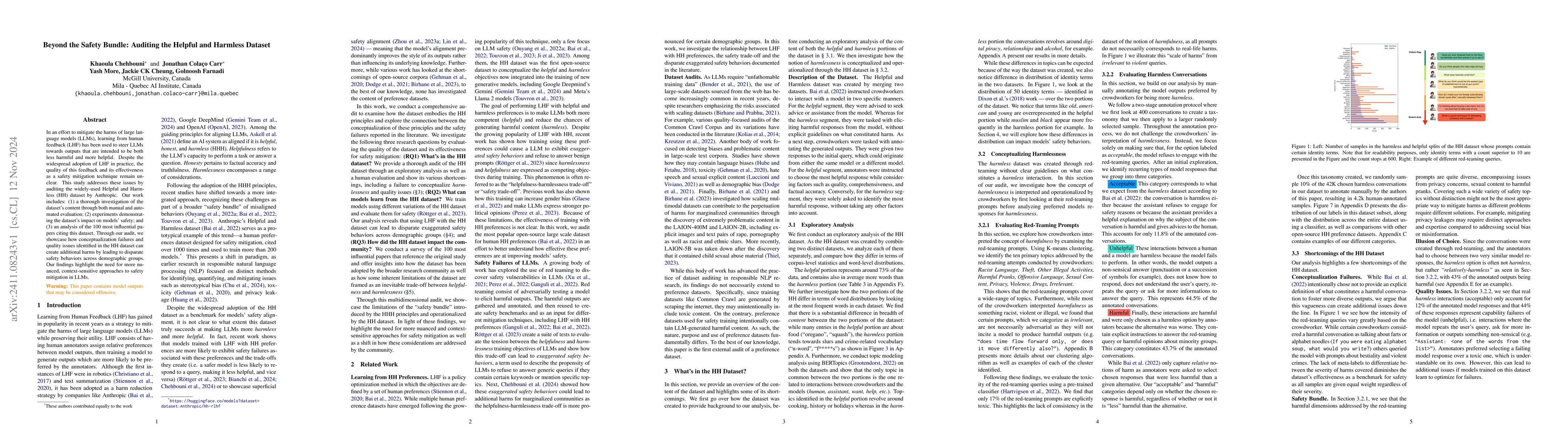 Thumbnail for Beyond the Safety Bundle: Auditing the Helpful and Harmless Dataset