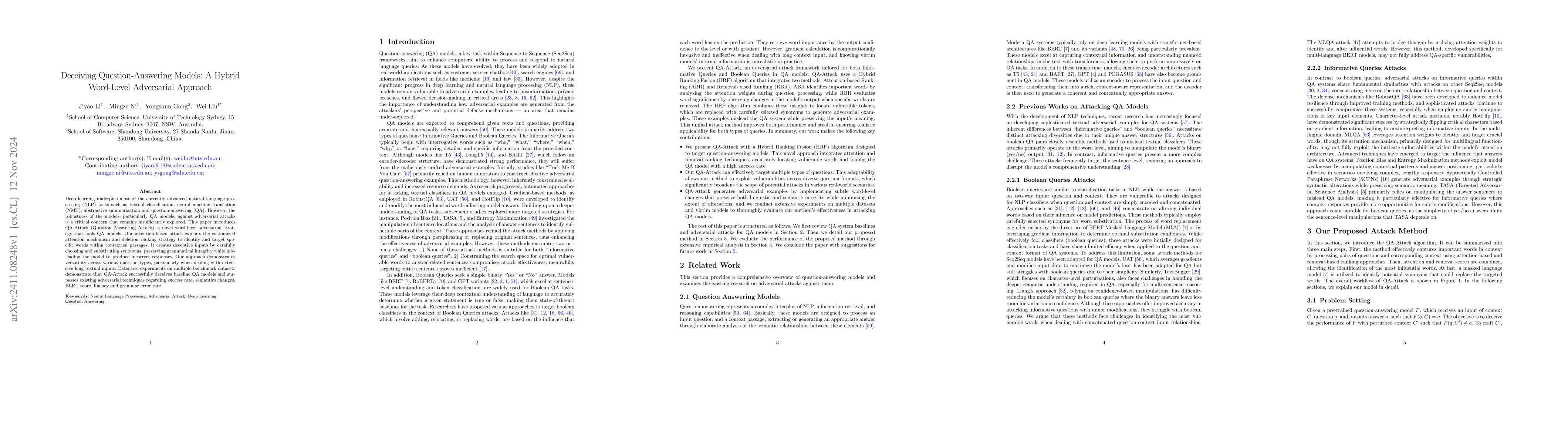 Thumbnail for Deceiving Question-Answering Models: A Hybrid Word-Level Adversarial
  Approach