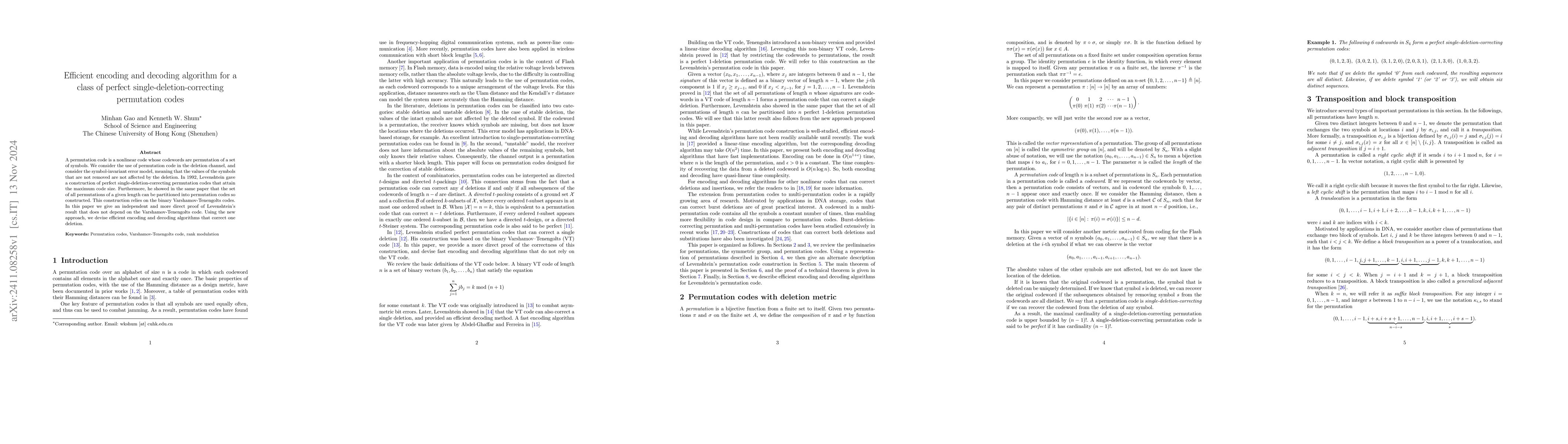 Thumbnail for Efficient encoding and decoding algorithm for a class of perfect
  single-deletion-correcting permutation codes