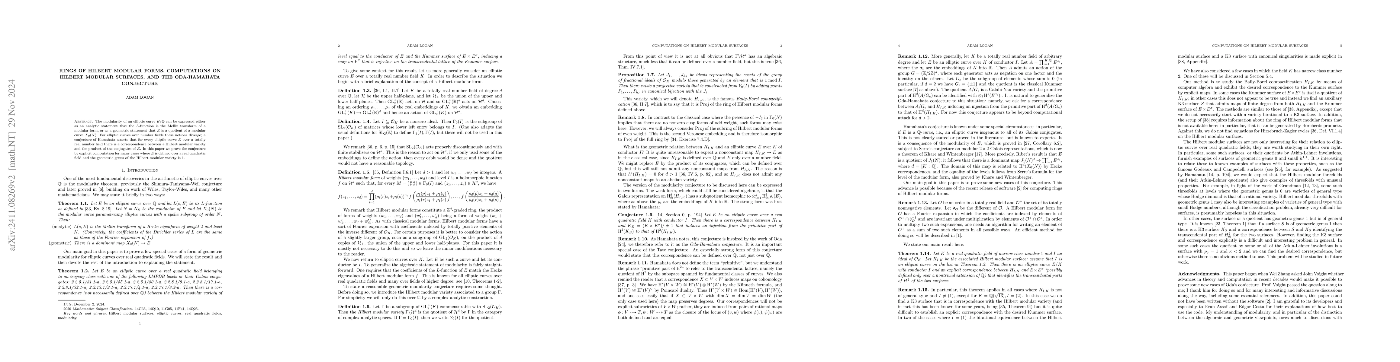 Thumbnail for Rings of Hilbert modular forms, computations on Hilbert modular
  surfaces, and the Oda-Hamahata conjecture