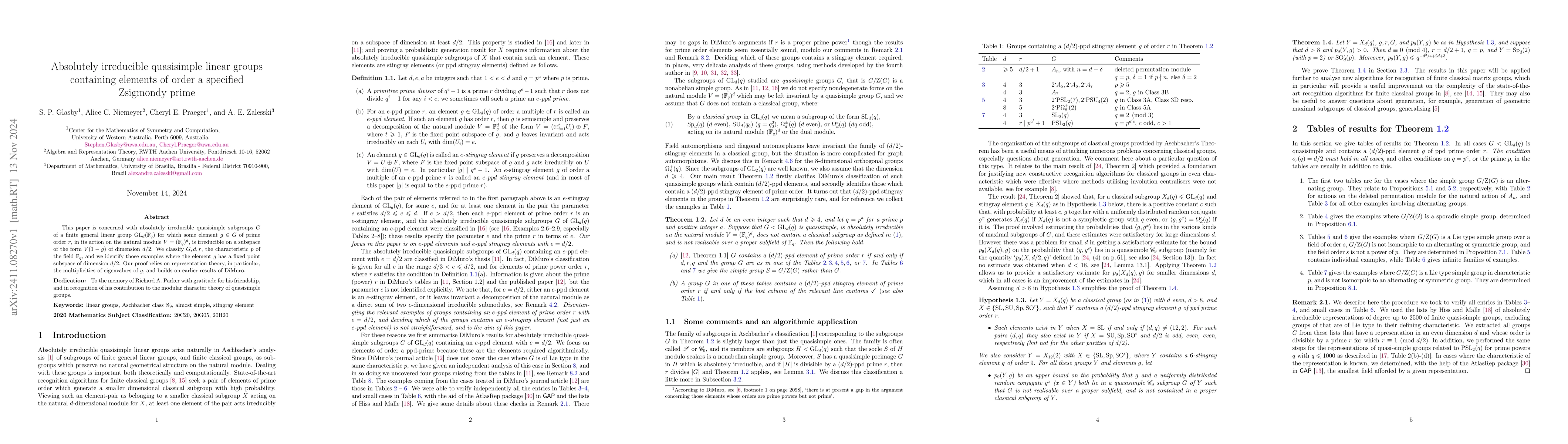 Thumbnail for Absolutely irreducible quasisimple linear groups containing elements of
  order a specified Zsigmondy prime