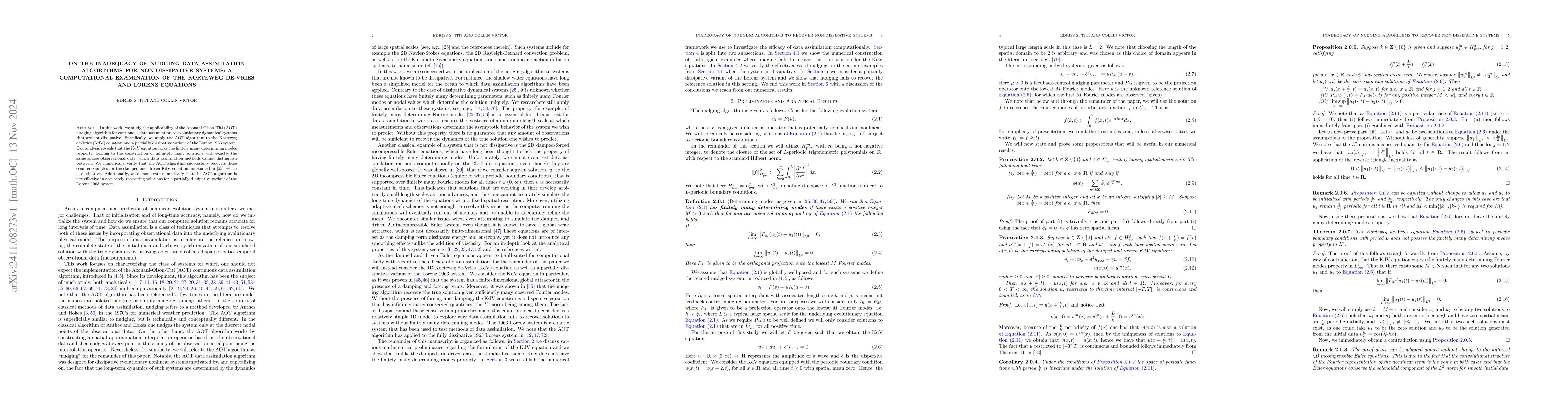 Thumbnail for On the inadequacy of nudging data assimilation algorithms for
  non-dissipative systems: A computational examination of the Korteweg de-Vries
  and Lorenz equations