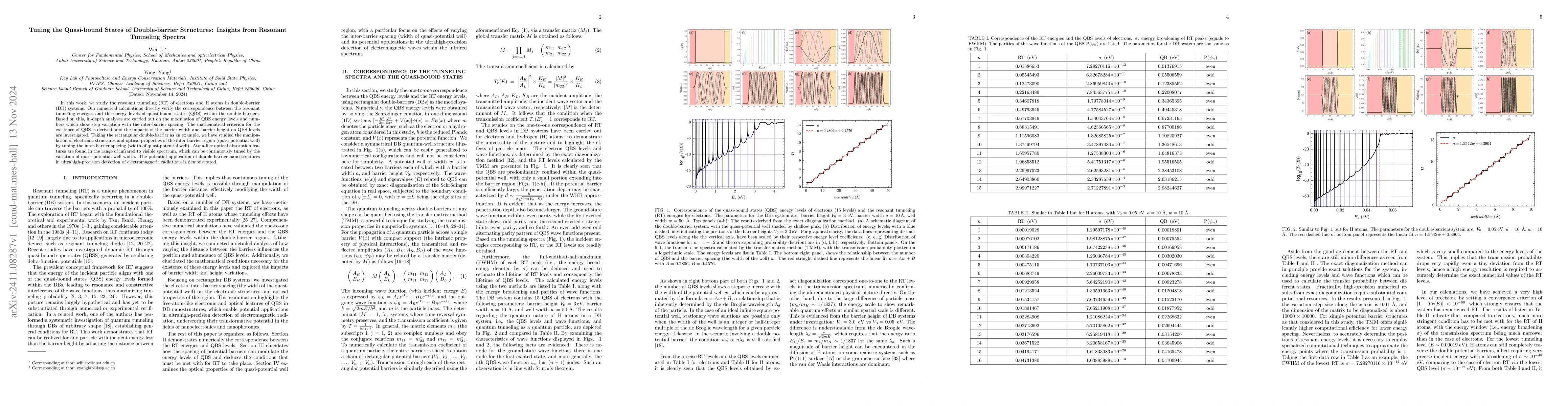 Thumbnail for Tuning the Quasi-bound States of Double-barrier Structures: Insights
  from Resonant Tunneling Spectra