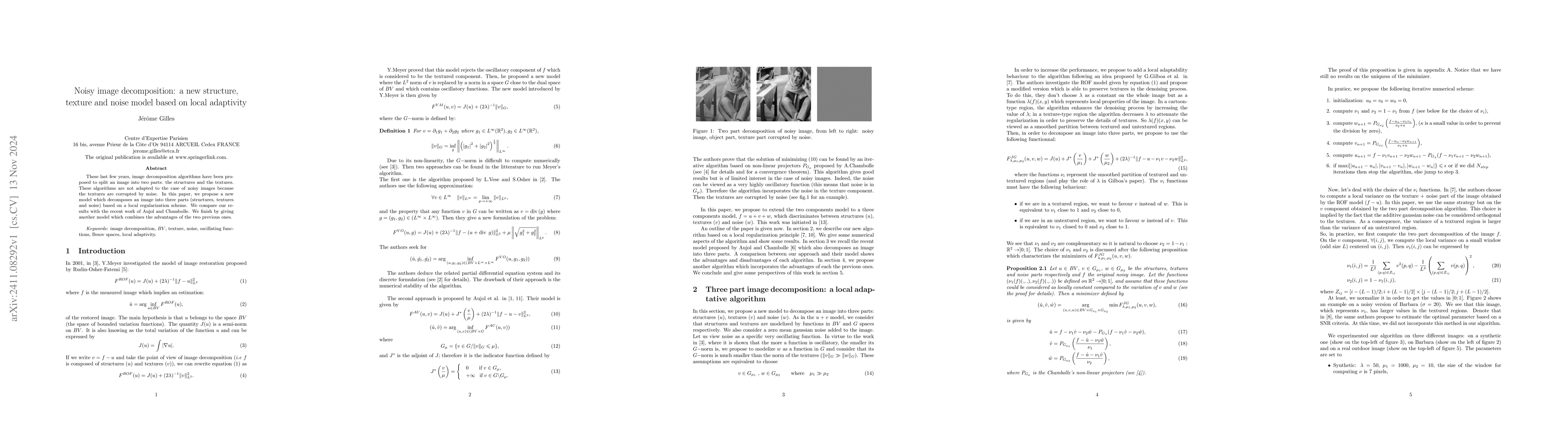 Thumbnail for Noisy image decomposition: a new structure, texture and noise model
  based on local adaptivity
