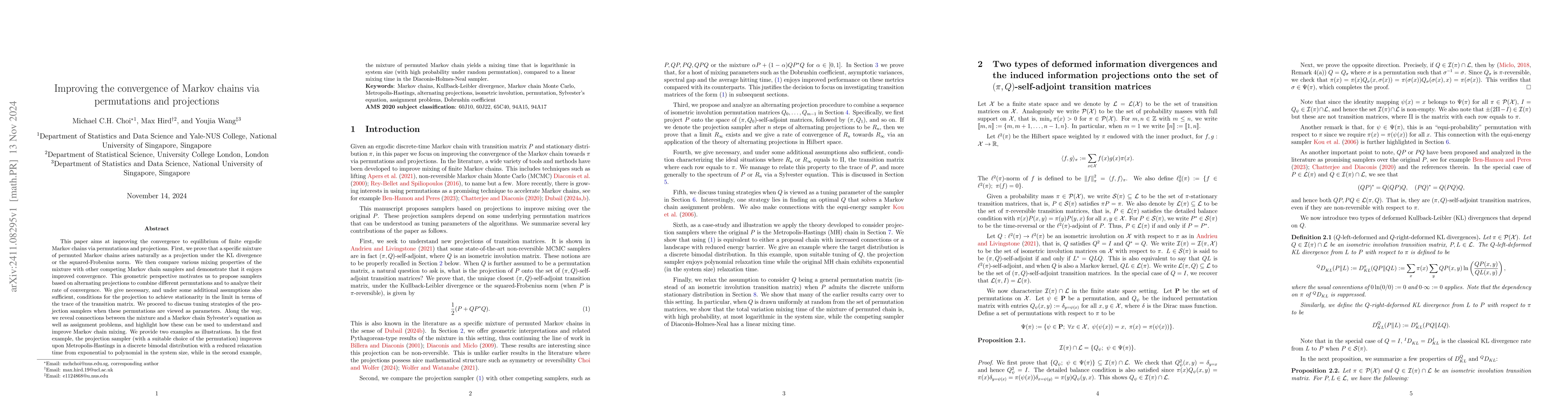 Thumbnail for Improving the convergence of Markov chains via permutations and
  projections