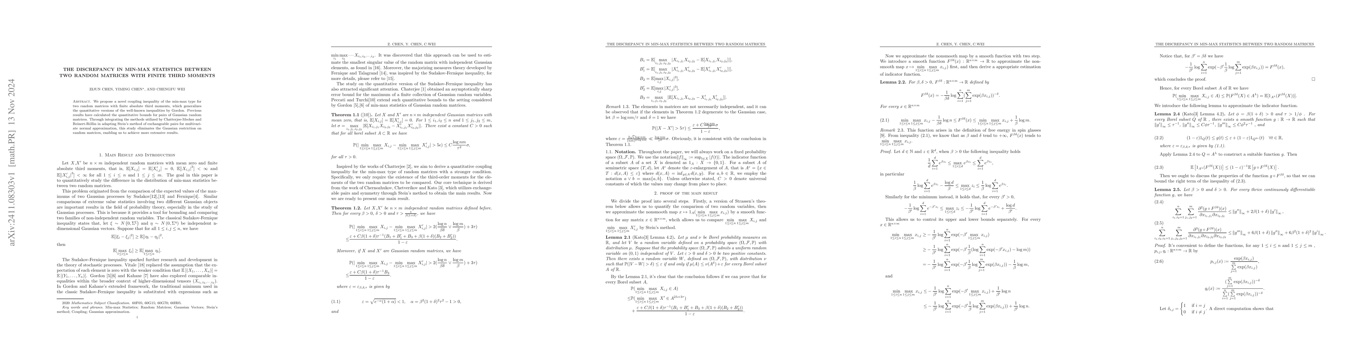 Thumbnail for The discrepancy in min-max statistics between two random matrices with
  finite third moments