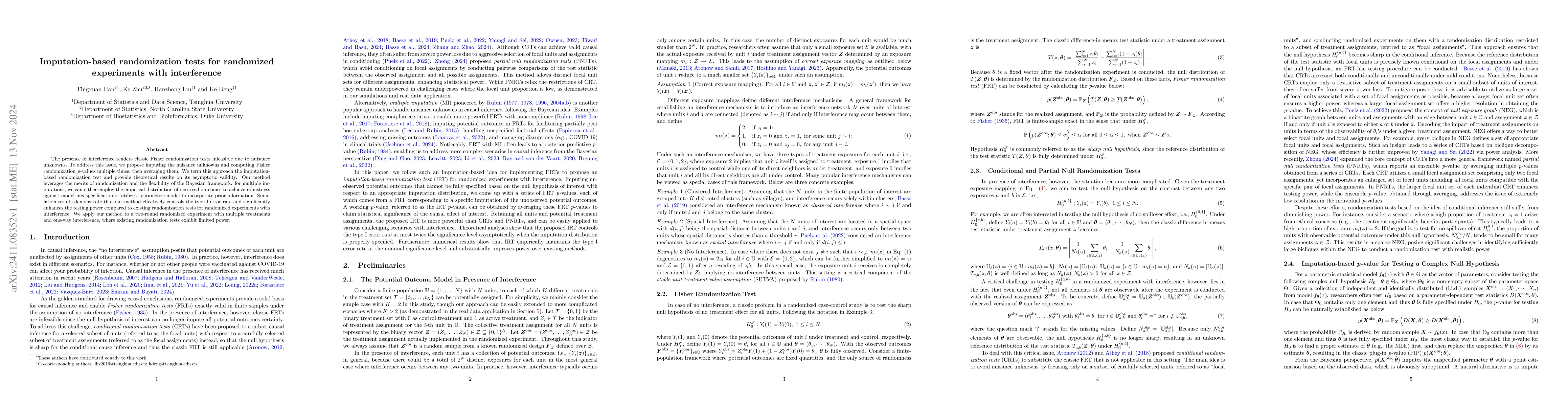 Thumbnail for Imputation-based randomization tests for randomized experiments with
  interference