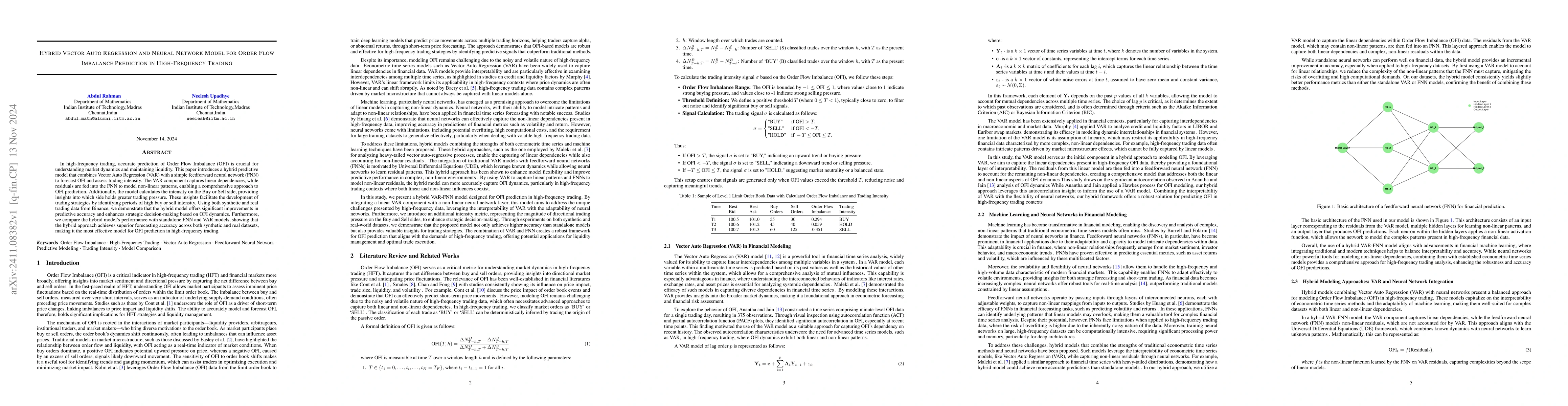 Thumbnail for Hybrid Vector Auto Regression and Neural Network Model for Order Flow
  Imbalance Prediction in High Frequency Trading