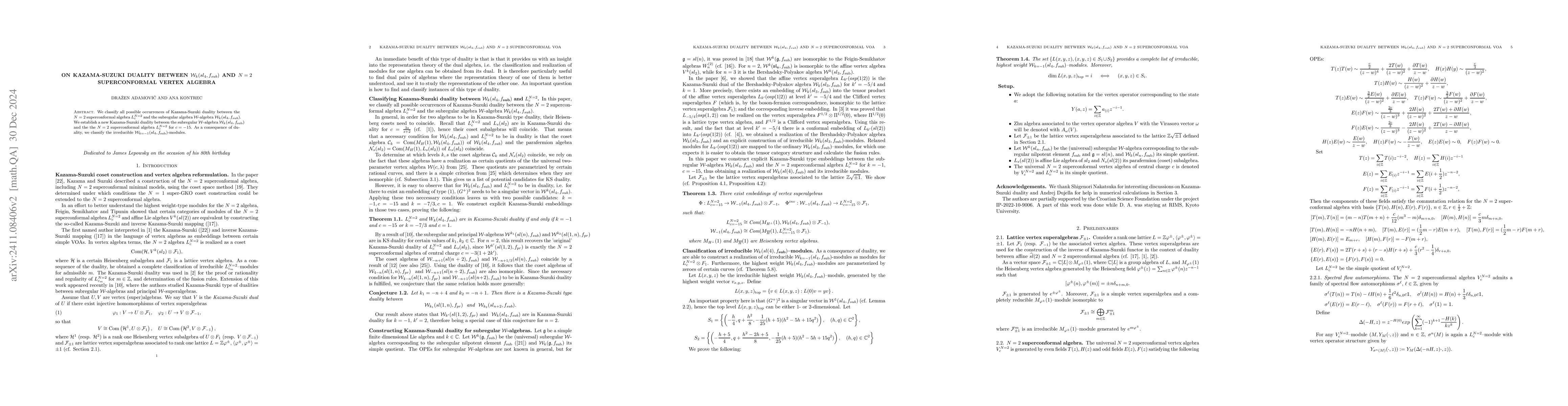 Thumbnail for On Kazama-Suzuki duality between $\mathcal W_k(sl_4, f_{sub})$ and $N=
  2$ superconformal vertex algebra