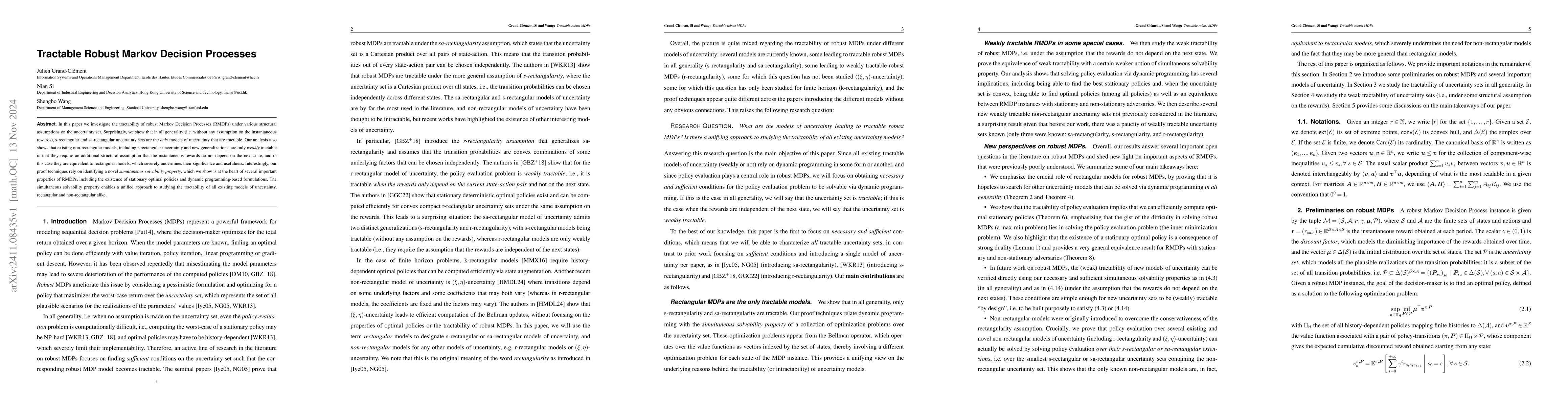 Thumbnail for Tractable Robust Markov Decision Processes
