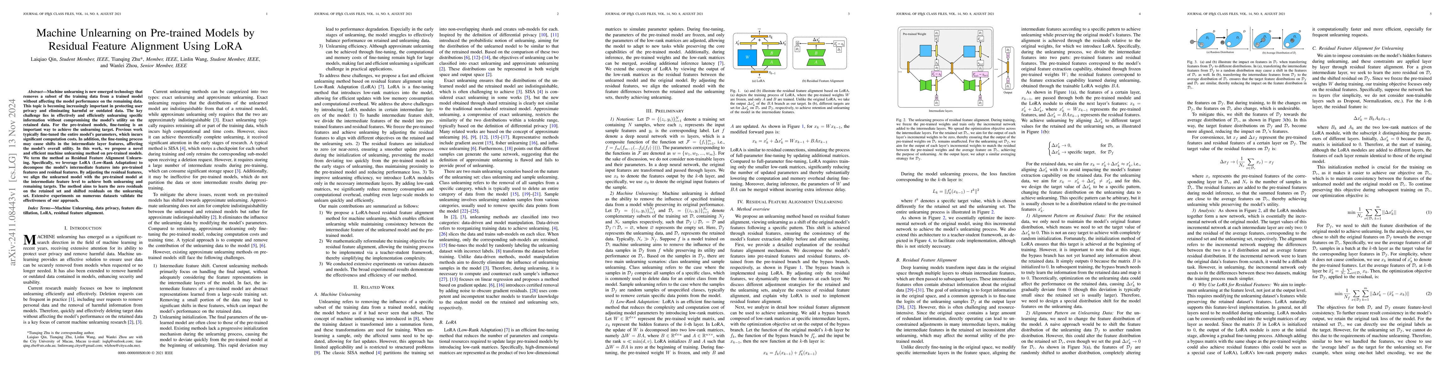 Thumbnail for Machine Unlearning on Pre-trained Models by Residual Feature Alignment
  Using LoRA
