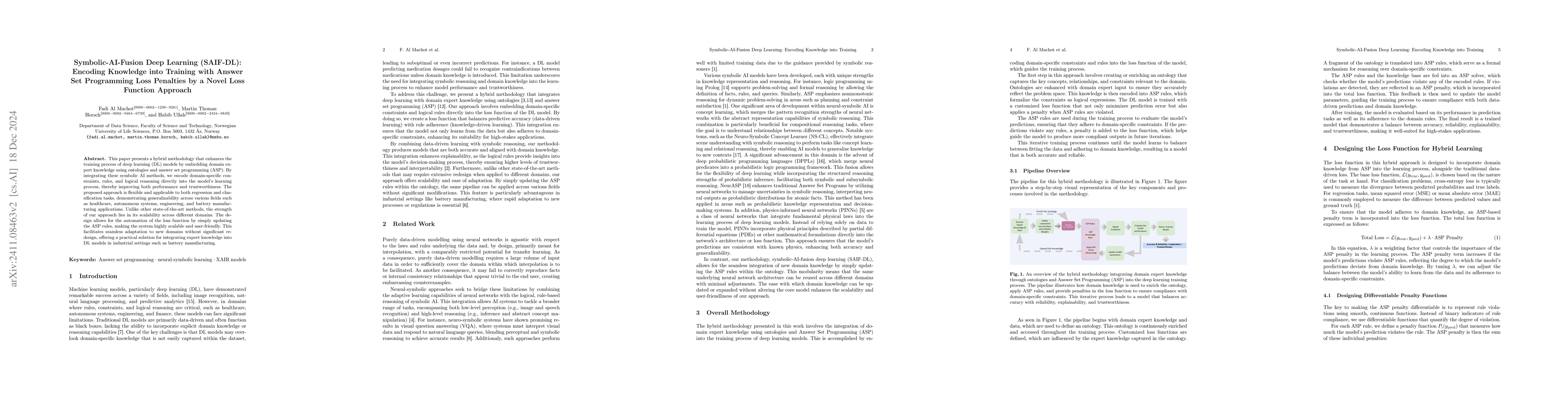 Thumbnail for Symbolic-AI-Fusion Deep Learning (SAIF-DL): Encoding Knowledge into
  Training with Answer Set Programming Loss Penalties by a Novel Loss Function
  Approach