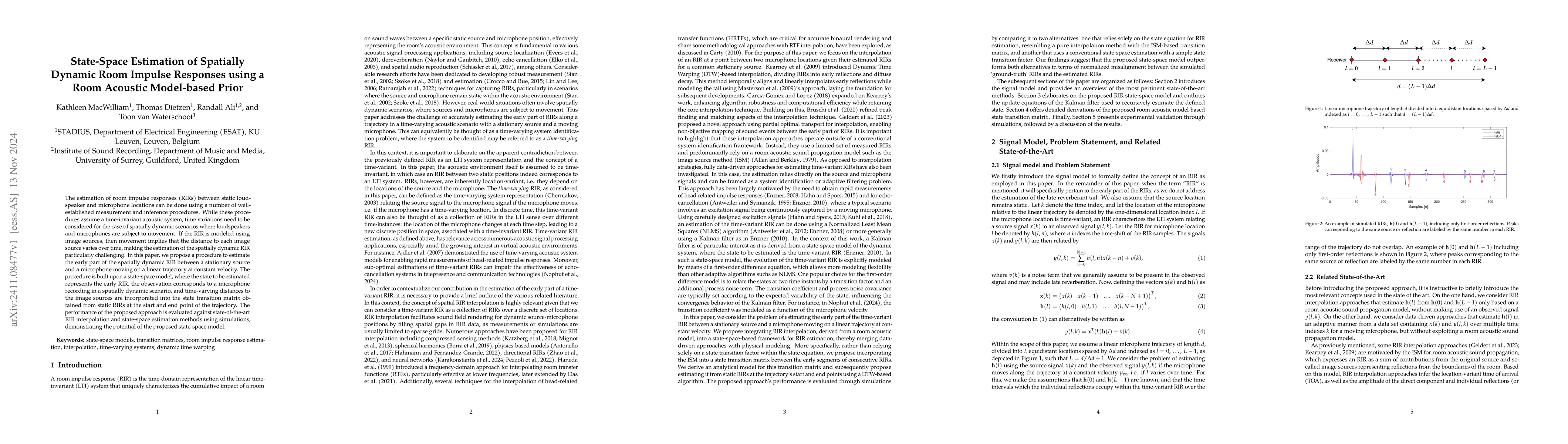 Thumbnail for State-Space Estimation of Spatially Dynamic Room Impulse Responses using
  a Room Acoustic Model-based Prior