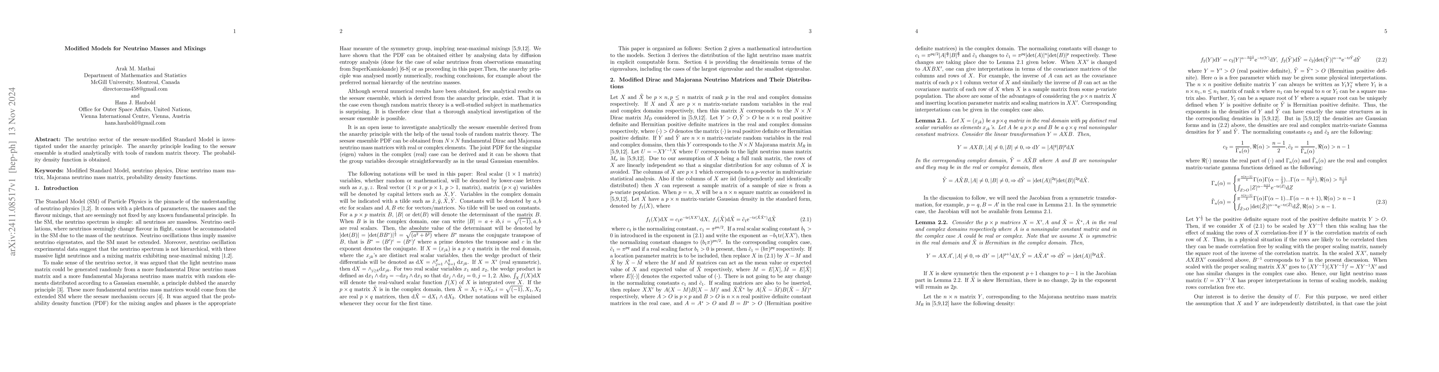 Thumbnail for Modified Models for Neutrino Masses and Mixings