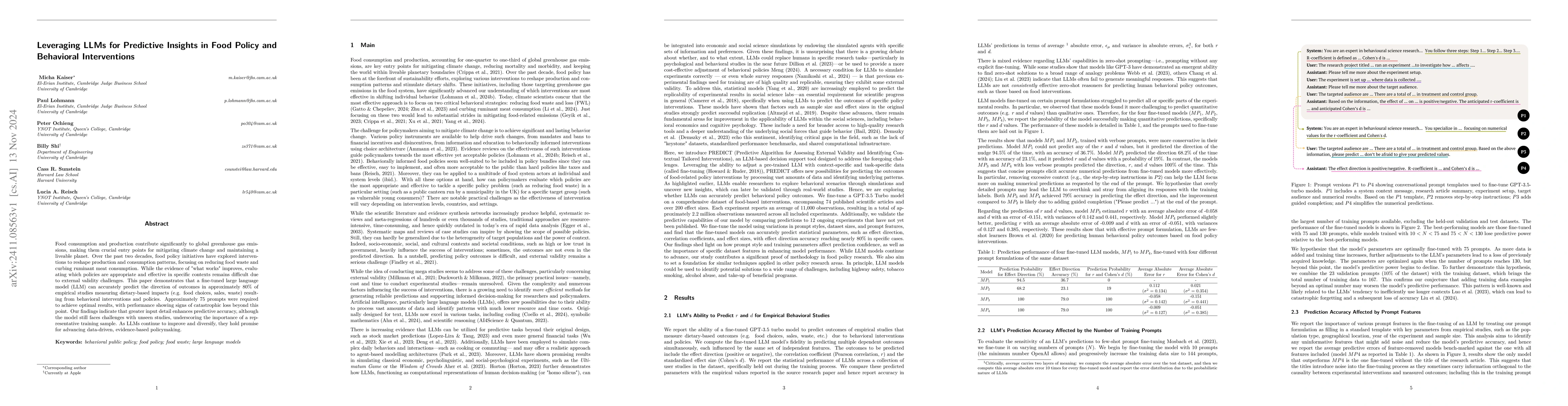 Thumbnail for Leveraging LLMs for Predictive Insights in Food Policy and Behavioral
  Interventions