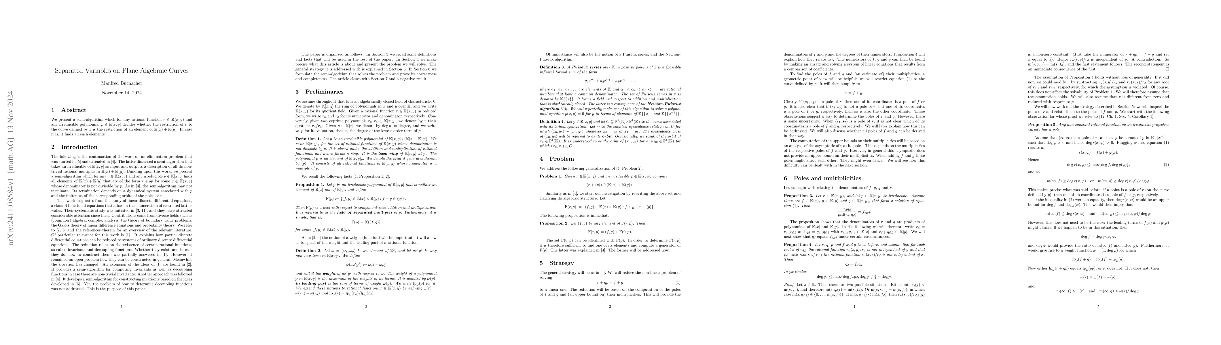 Thumbnail for Separated Variables on Plane Algebraic Curves