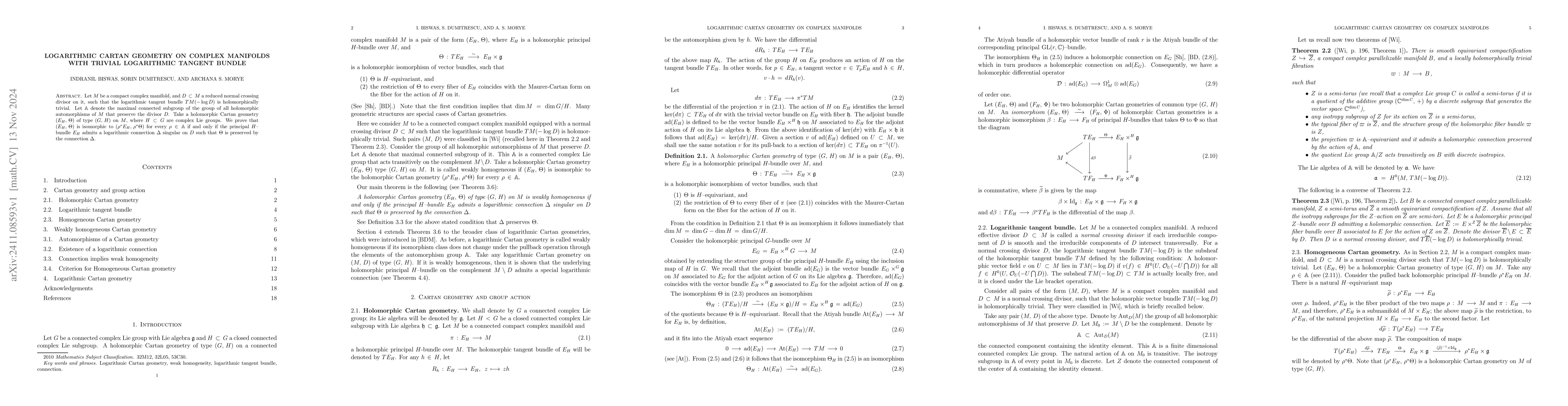 Thumbnail for Logarithmic Cartan geometry on complex manifolds with trivial
  logarithmic tangent bundle