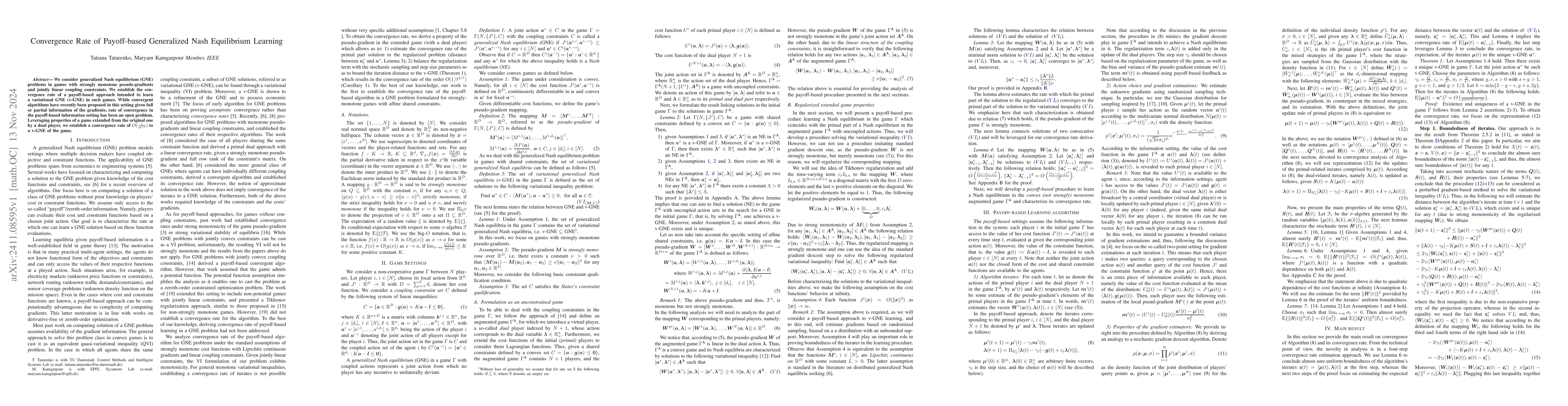 Thumbnail for Convergence Rate of Payoff-based Generalized Nash Equilibrium Learning