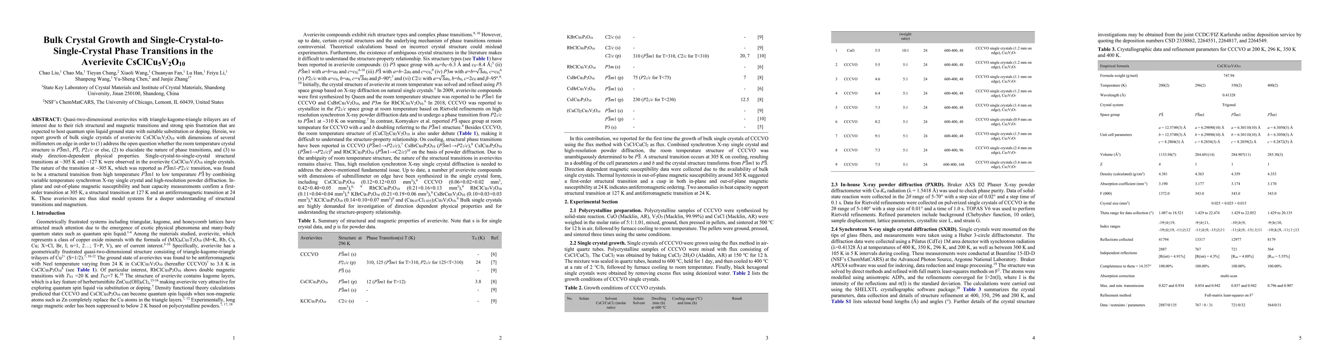 Thumbnail for Bulk Crystal Growth and Single-Crystal-to-Single-Crystal Phase
  Transitions in the Averievite CsClCu5V2O10