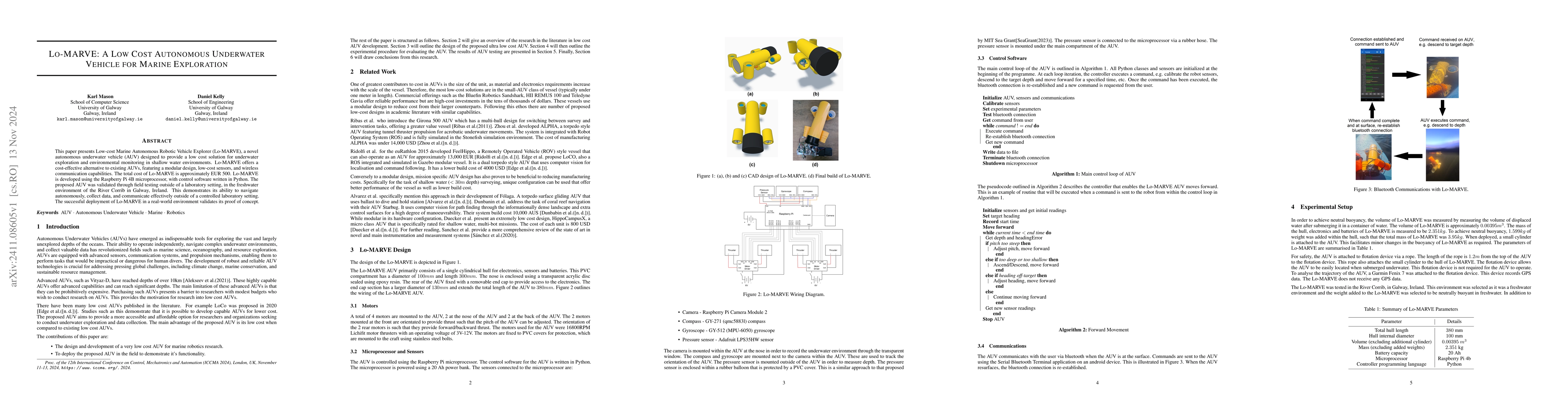 Thumbnail for Lo-MARVE: A Low Cost Autonomous Underwater Vehicle for Marine
  Exploration